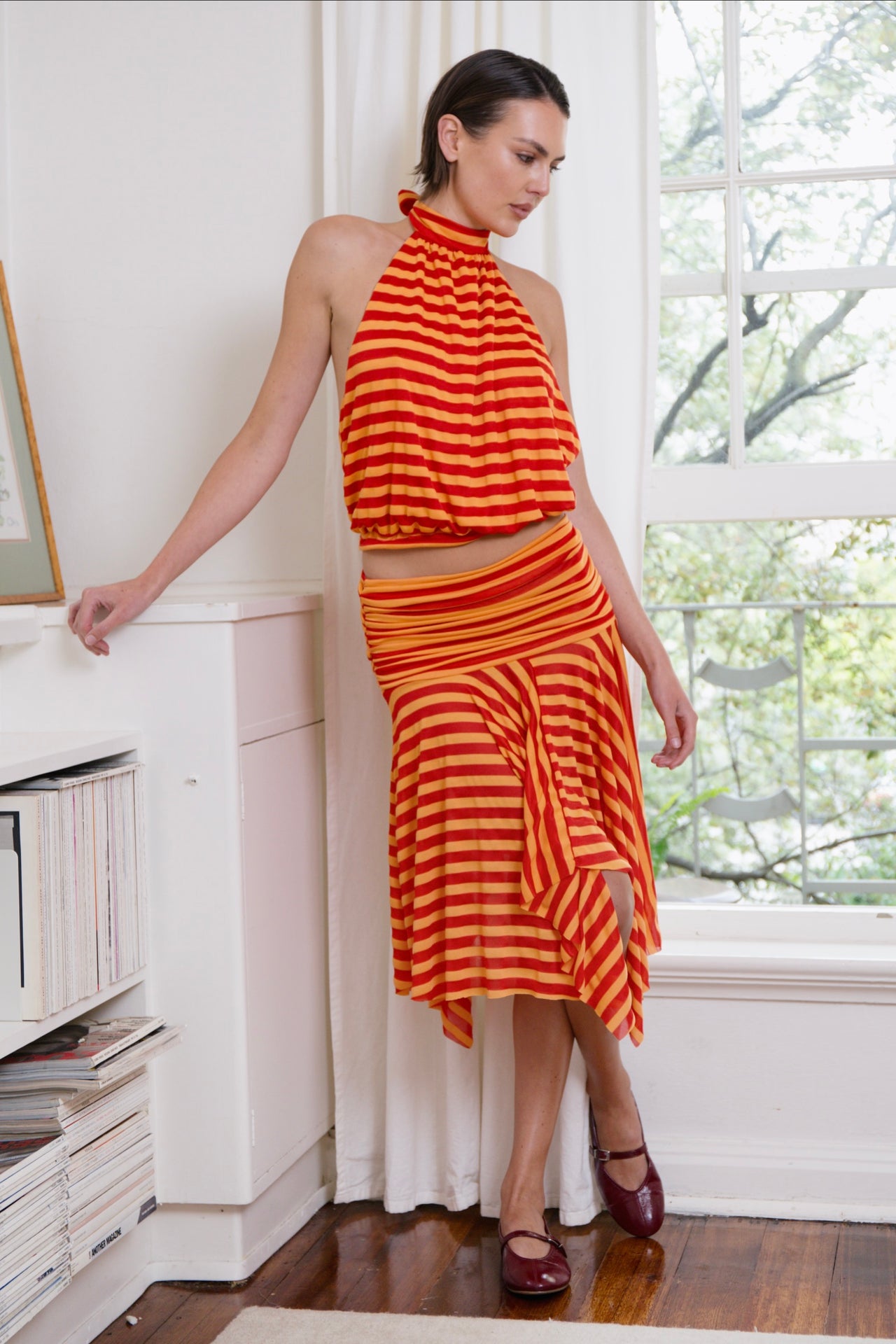 ORANGE/RED STRIPE GATHERED SKIRT