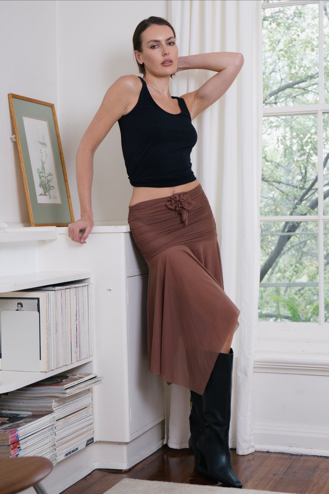BROWN MESH GATHERED SKIRT