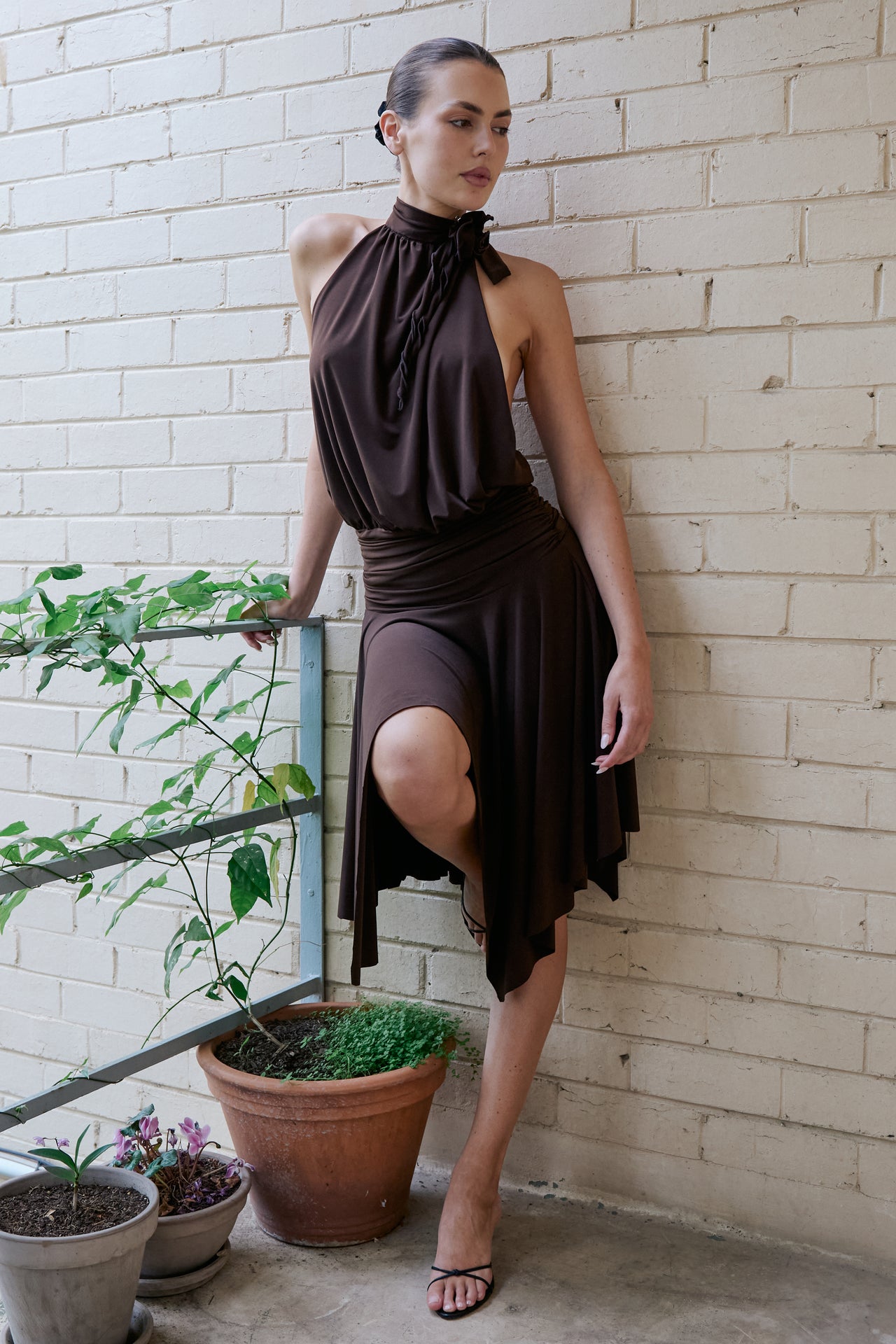 BROWN HALTER DRESS