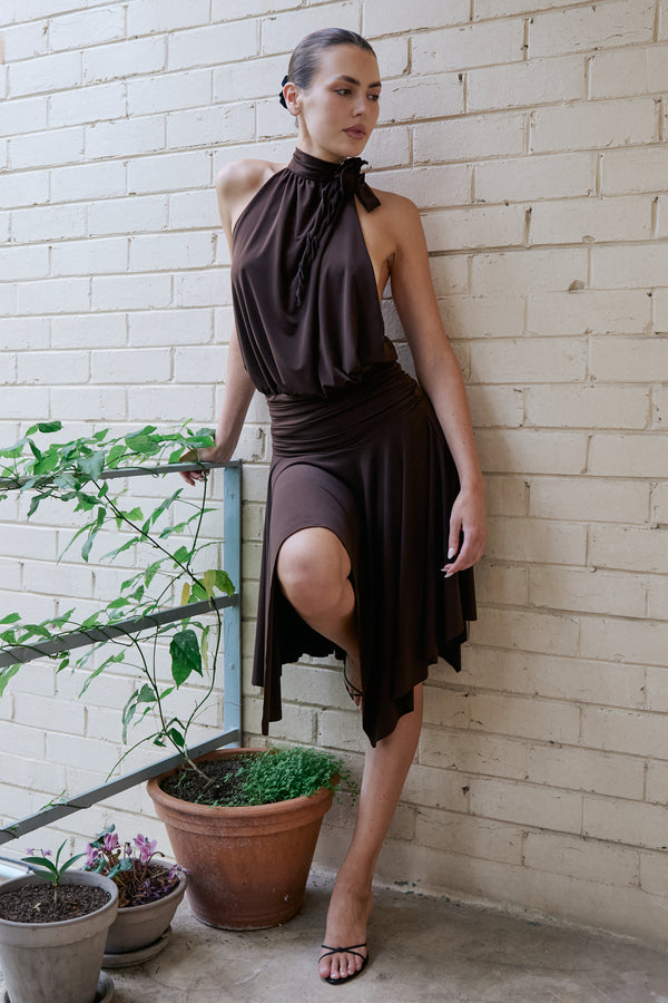 HALTER DRESS BROWN